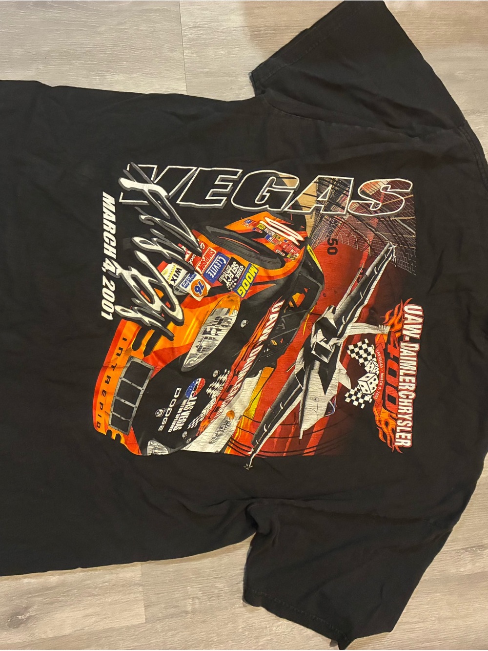 Hanes Black Graphic Tee with Orange & Red Racing Print